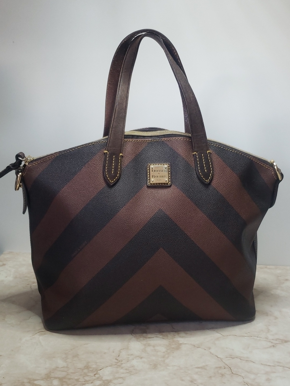 Dooney & Bourke Brown Chevron Zip-Top Leather Tote